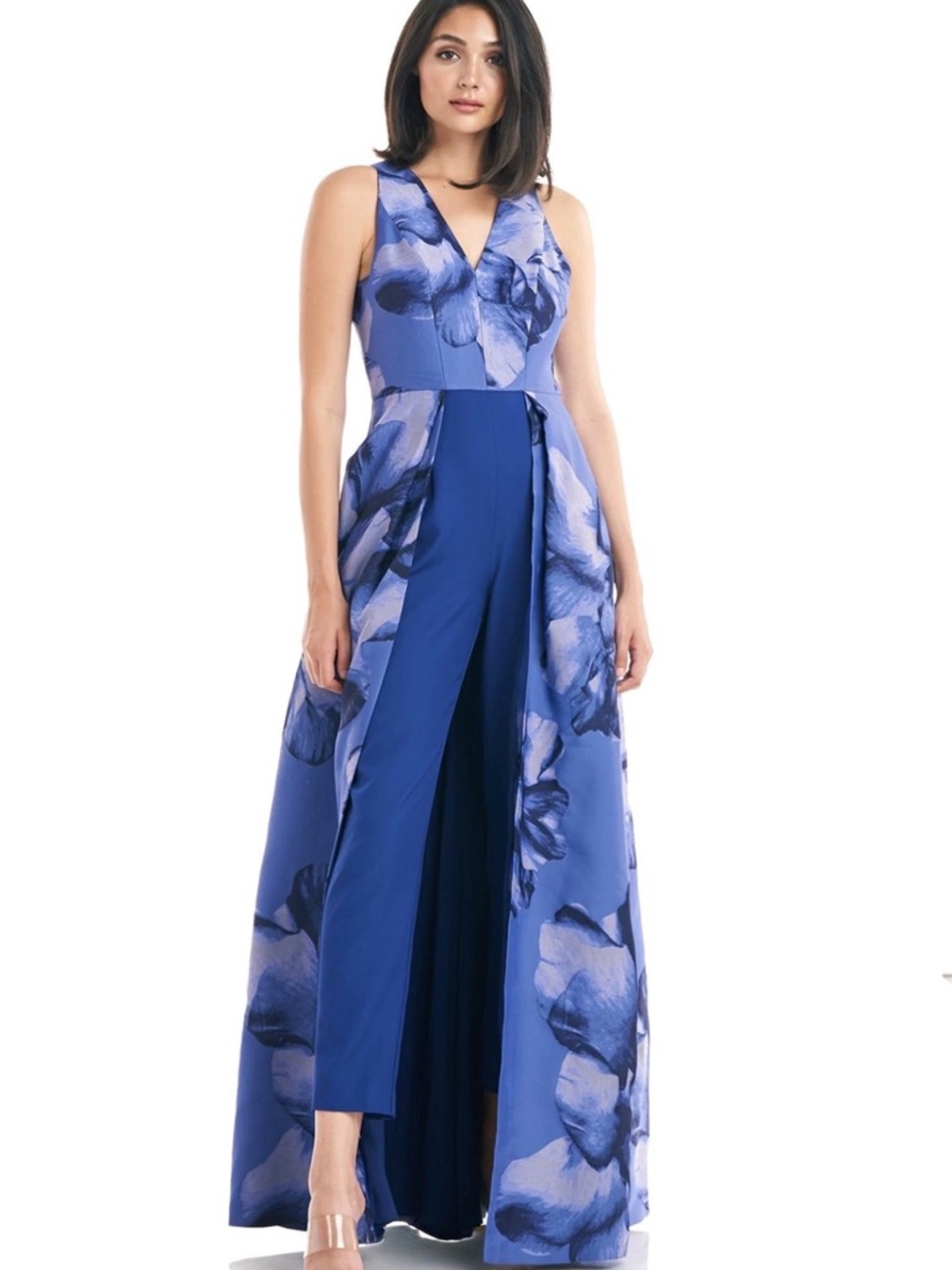 Kay Unger New York Reign Sleeveless Walk-Thru Jumpsuit Embroidered Blue Floral